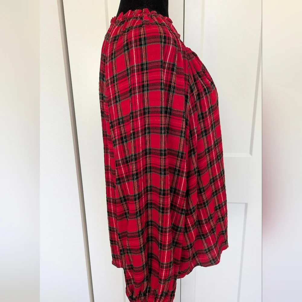 OLD NAVY Pullover Peasant Top Women 2X Red Buffalo Plaid Puff Sleeves V-neck New